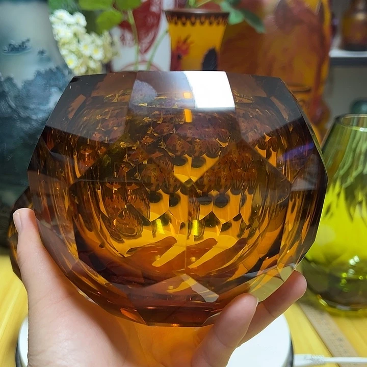 h***o琥珀色水晶切割面花器高12口7
