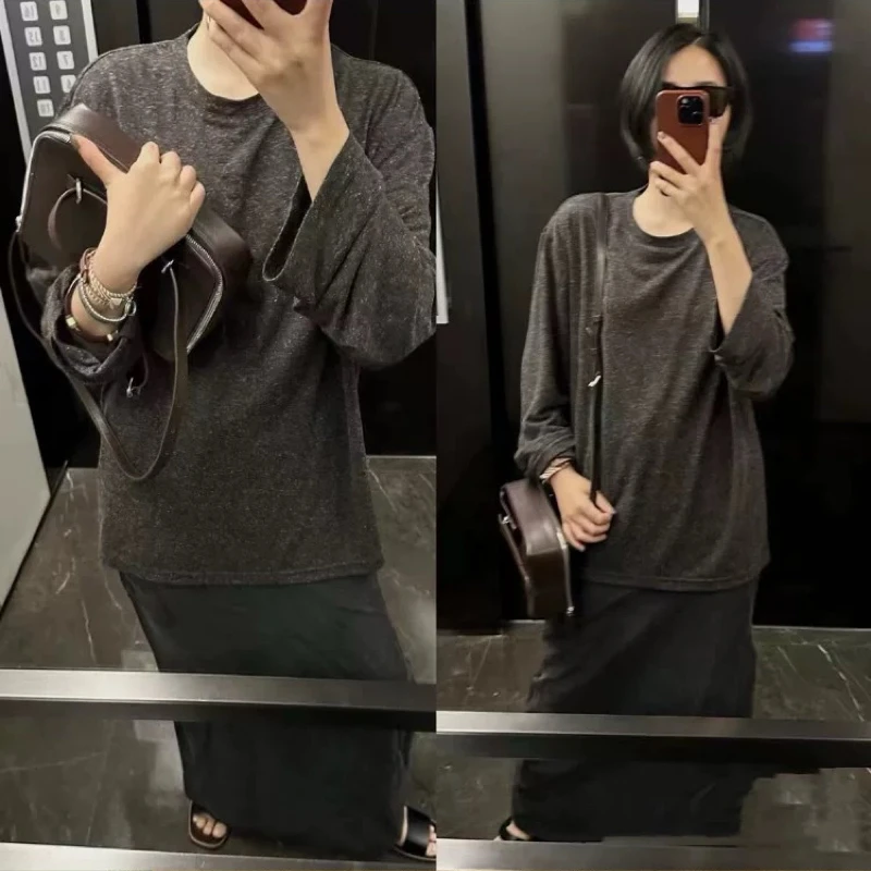 【 画廊】轻奢感水洗亚麻纹理宽松慵懒风长袖T恤