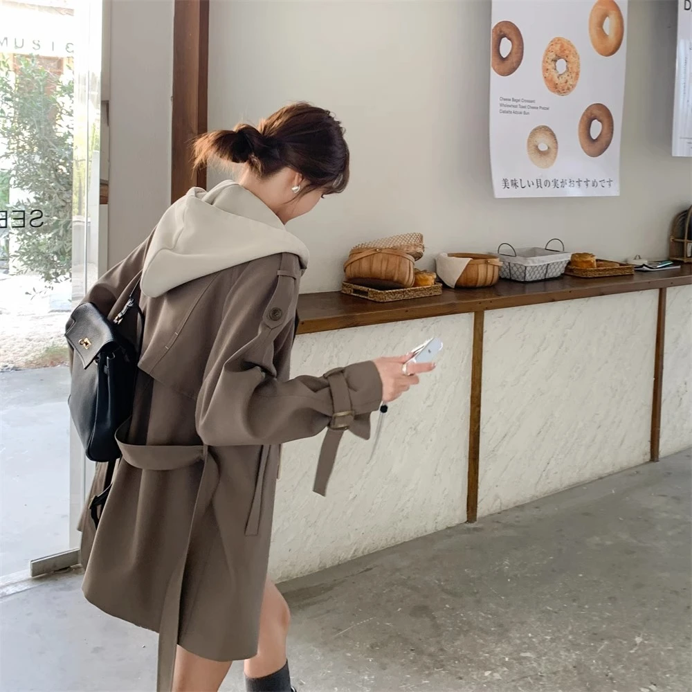 假两件连帽风衣外套女春秋2025新款韩系今年流行英伦风小个子上衣
