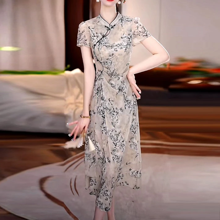 冰竹丝国风气质改良旗袍裙2025夏季新款修身显瘦新中式洋气连衣裙