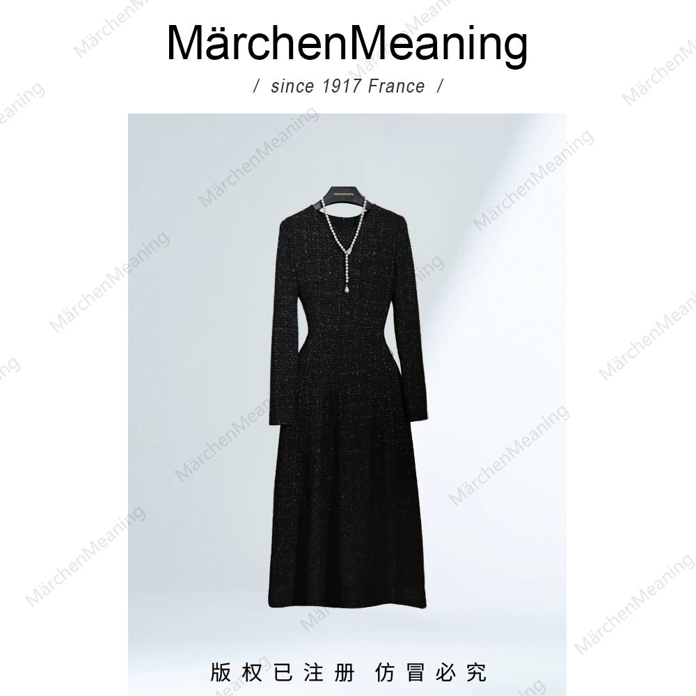 【MärchenMeaning】显瘦气质优雅黑色设计师长袖连衣裙复古新年款赵