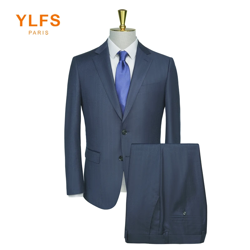 [烟青色]羊毛羊绒桑蚕丝高档竖条纹西服套装男士商务结婚宴会西装