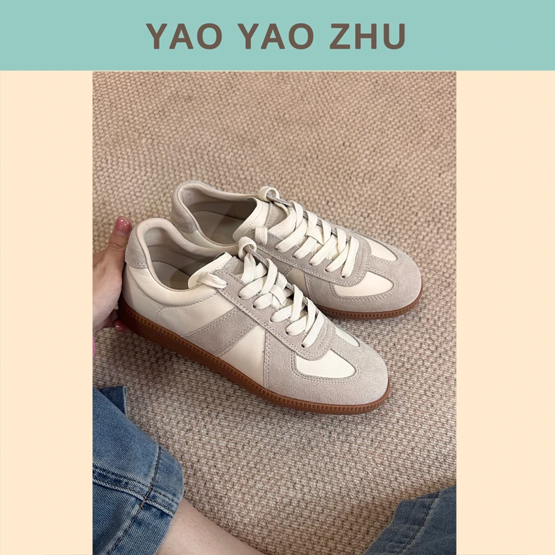 超正版~带真皮复古真皮白色休闲德训鞋女低帮运动板鞋5949-3