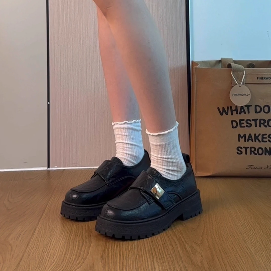 牛皮版~魔术贴复古厚底英伦风小皮鞋女增高百搭通勤黑色乐福单鞋
