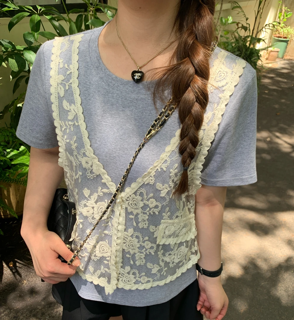 NANJIE/楠姐【舒芙蕾】设计感提花蕾丝宽松假两件T恤上衣XNS6403