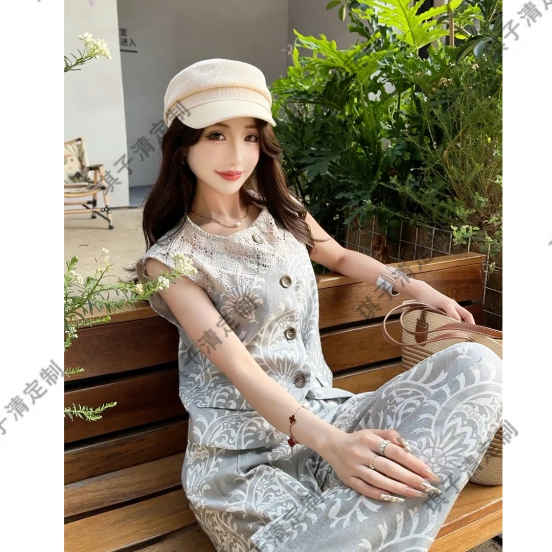 新款两件套/韩版设计感3127小众提花无袖上衣+阔腿裤两件套