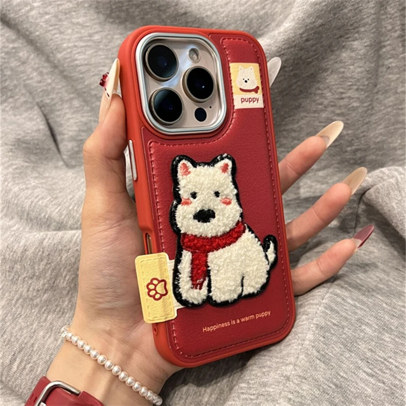 可爱西高地皮质适用苹果16promax手机壳iPhone15手绳14防摔13女