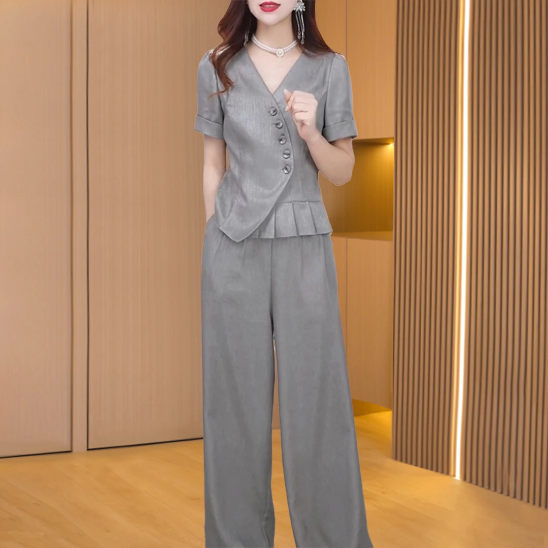 高端气质短袖两件套女2025夏天新款年轻妈妈显瘦阔腿裤套