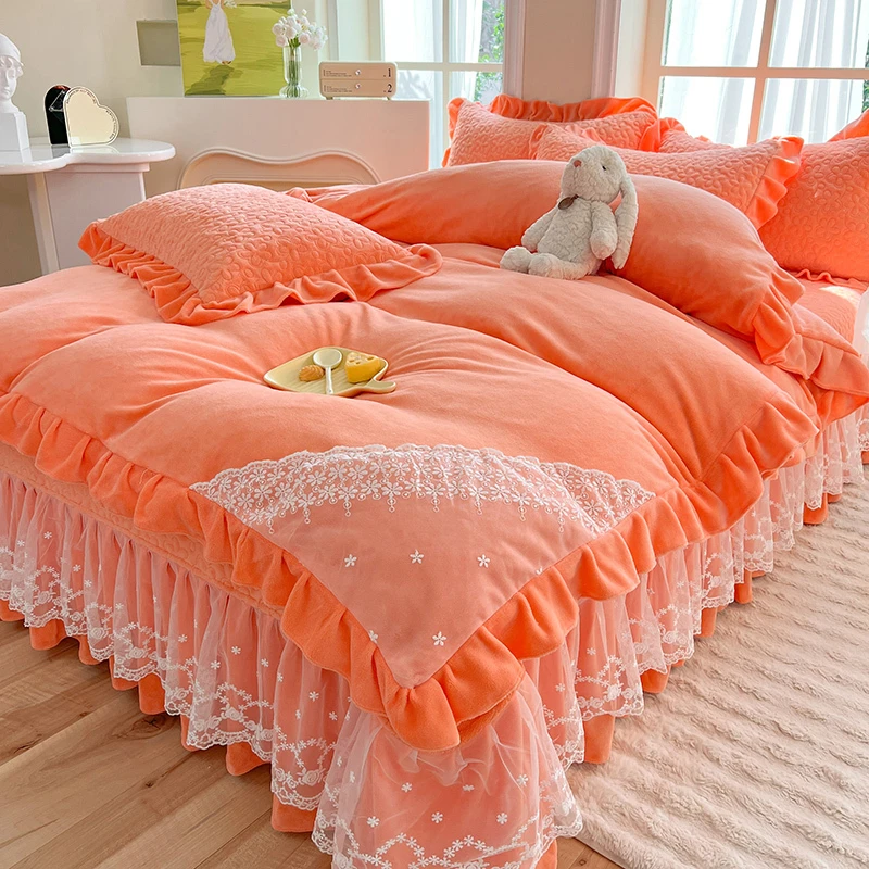 公主风蕾丝边夹棉床盖款牛奶绒四件套双面加绒加厚珊瑚绒冬季床品