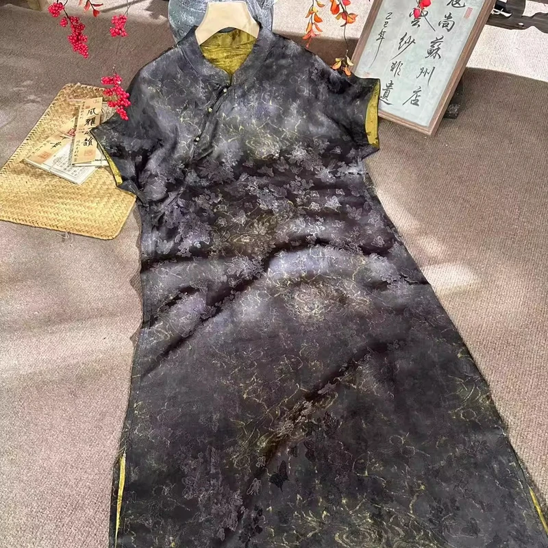夏季新款短袖花团锦簇典雅新中式立领气质斜襟国风连衣裙