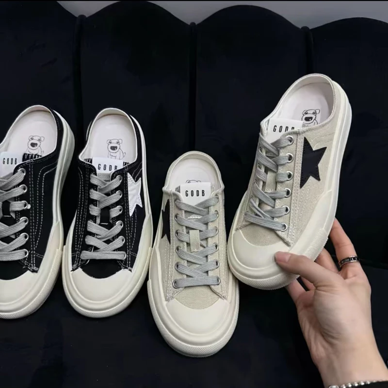 帆布半拖鞋女2025年夏季新款厚底懒人鞋小白鞋两穿一脚蹬休闲板鞋