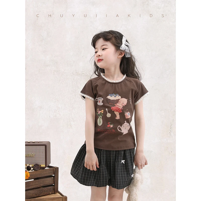 初羽家女童2025夏季新品可爱卡通百搭纯棉短袖T恤儿童圆领上衣潮