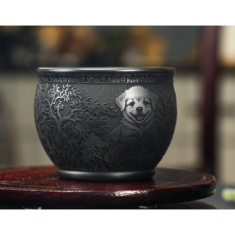 7112宜兴紫砂手工浮雕刻绘小狗茶具陶瓷大号主人杯GQF茶杯家用