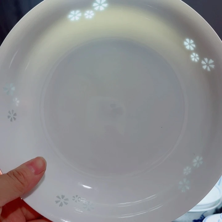 青花玲珑8寸窝盘三星花素玲珑