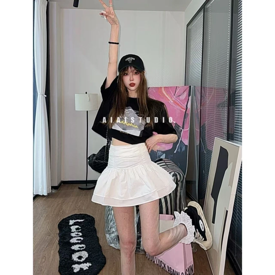 AIAI【蓝白步调】韩代松弛感垫肩短袖T恤/高腰褶皱百褶半身裙裤女夏