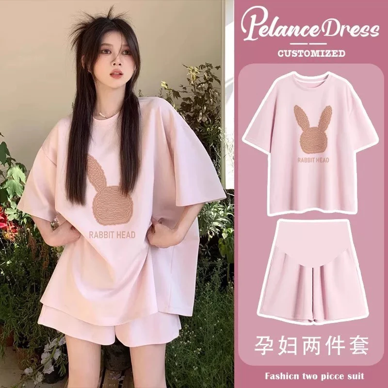 孕妇套装小个子夏季宽松粉色减龄甜美大码薄款运动短裤两件套2025