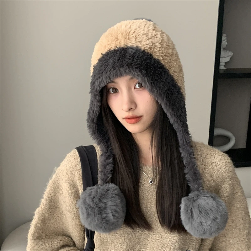 女士冬季毛绒雷锋帽显脸小加绒针织吊球保暖护耳复古风冬天百搭