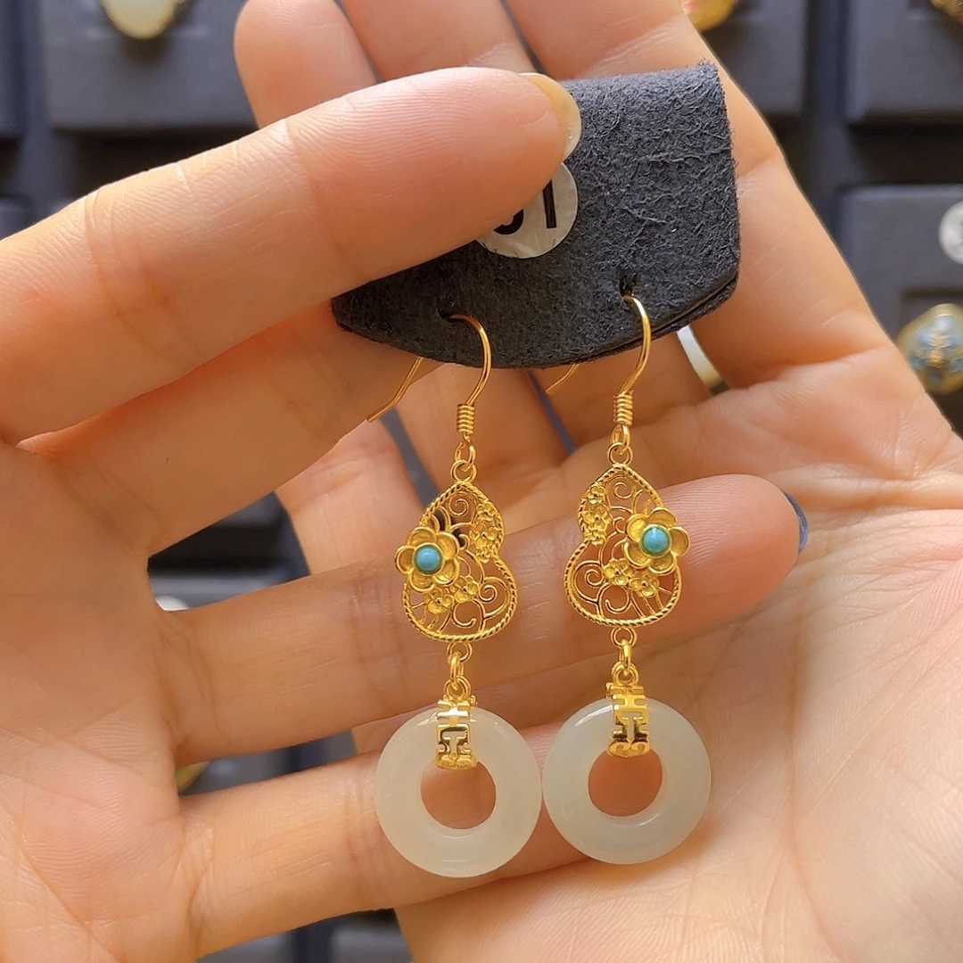 和田玉银S925镀金镶嵌耳饰