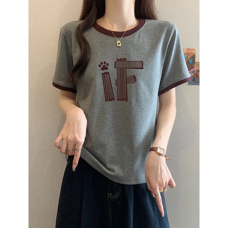 2025年夏季新款正肩拼色短袖T恤女时尚百搭洋气高级灰打底衫上衣