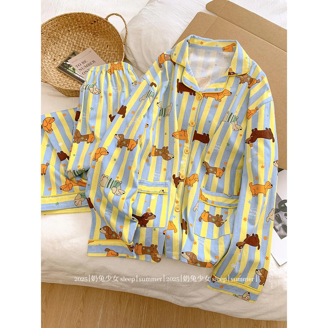 趣味卡通条纹腊肠小狗纯棉睡衣女春秋宽松休闲可爱学生长袖家居服
