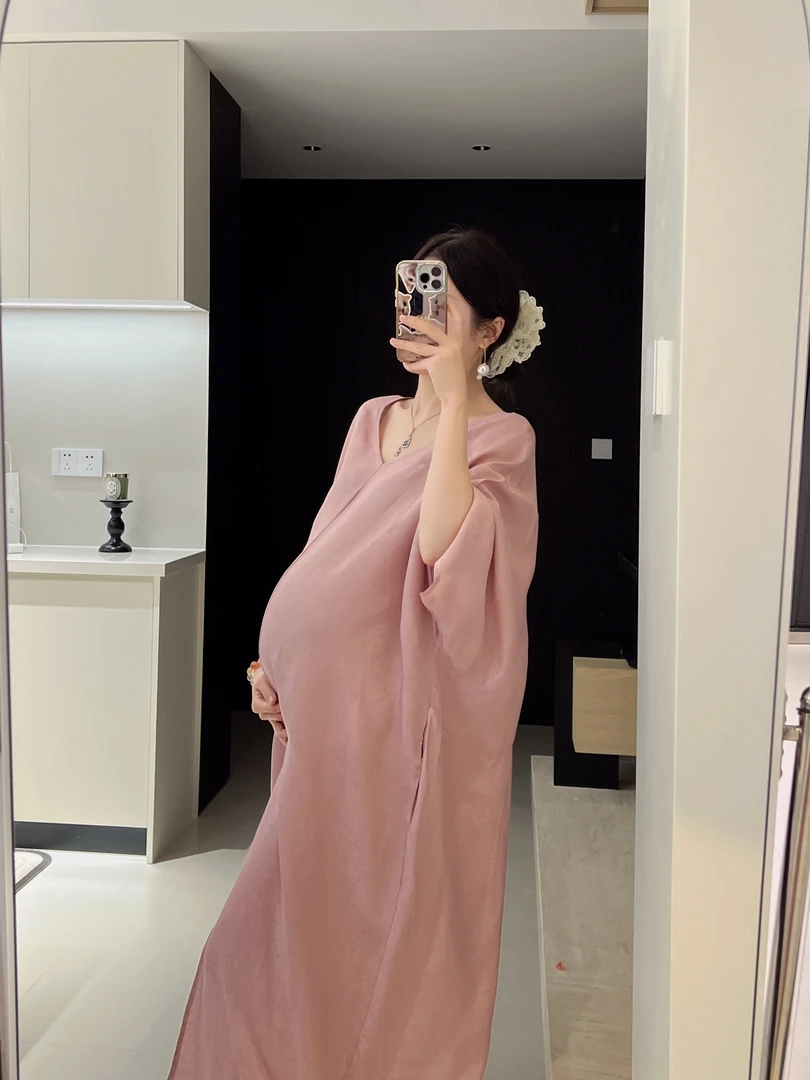 senenmu 慵懒v领粉裙 春夏新款显瘦宽松大版型孕妇装