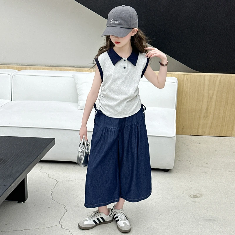 女童夏季套装新款洋气短袖收腰无袖T恤时髦POLO衫女孩休闲阔腿裤