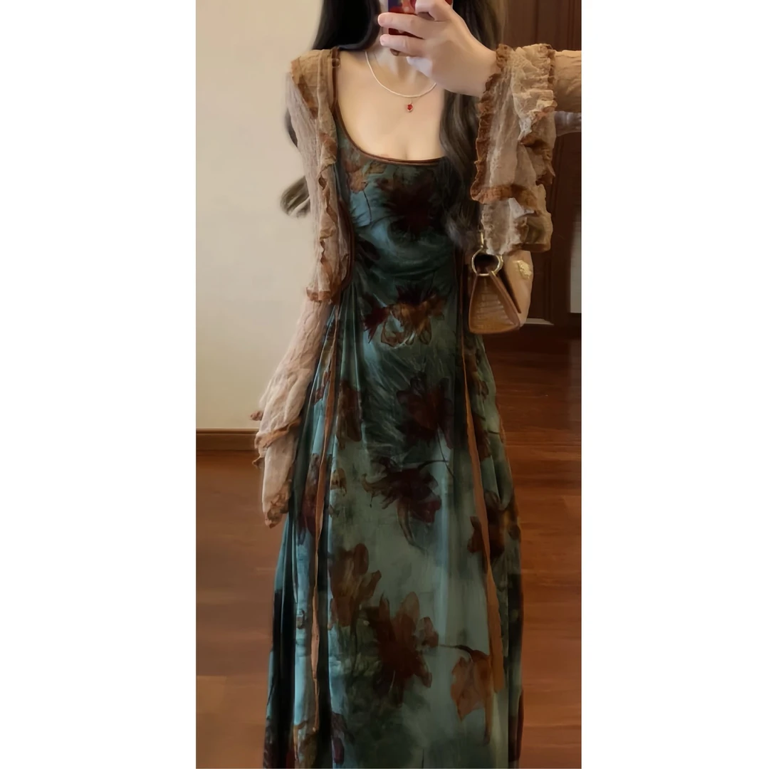 法式气质复古绿色印花连衣裙收腰显瘦吊带长裙配蕾丝开衫套装A848