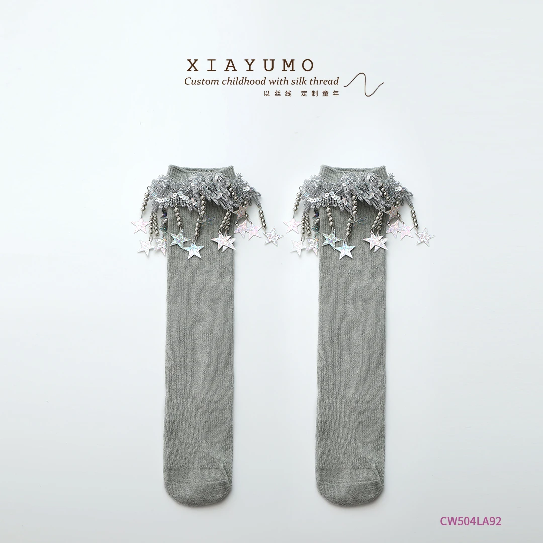 夏羽墨女童夏季新款灰色流苏星星中筒袜针织ins风袜子