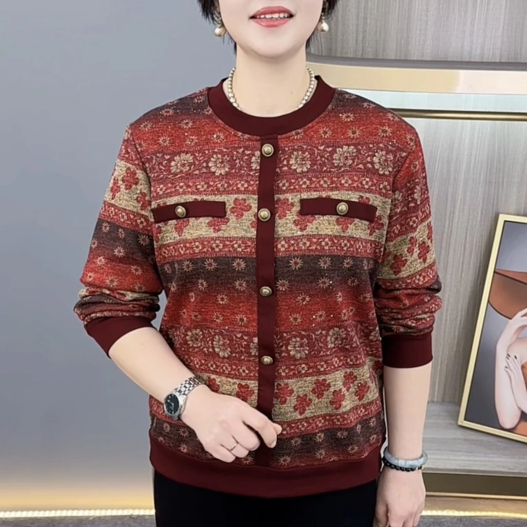 秋冬新款时尚圆领印花加绒气质妈妈装宽松显瘦休闲打底上衣H662