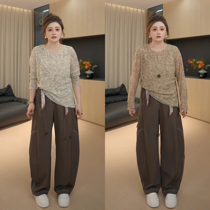 【胖佳佳】现货~薄雾轻纱 圆领印花T恤秋季气质显瘦上衣H625Z14535