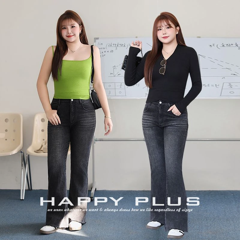 胖妹复古磨白高腰喇叭弹力修身牛仔裤爆款大码高腰显瘦微喇牛仔裤