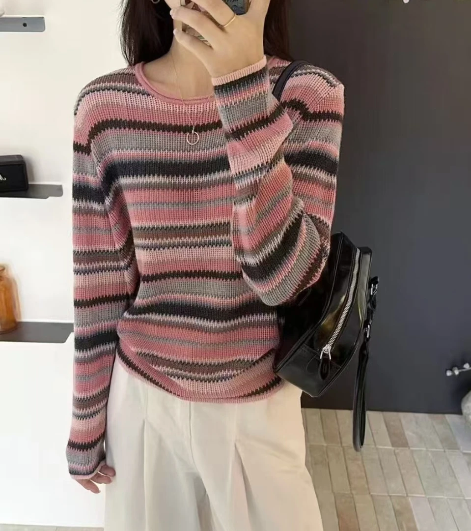 2025毛衫圆领高品质镂空条纹针织衫毛衣秋装新款上衣女气质