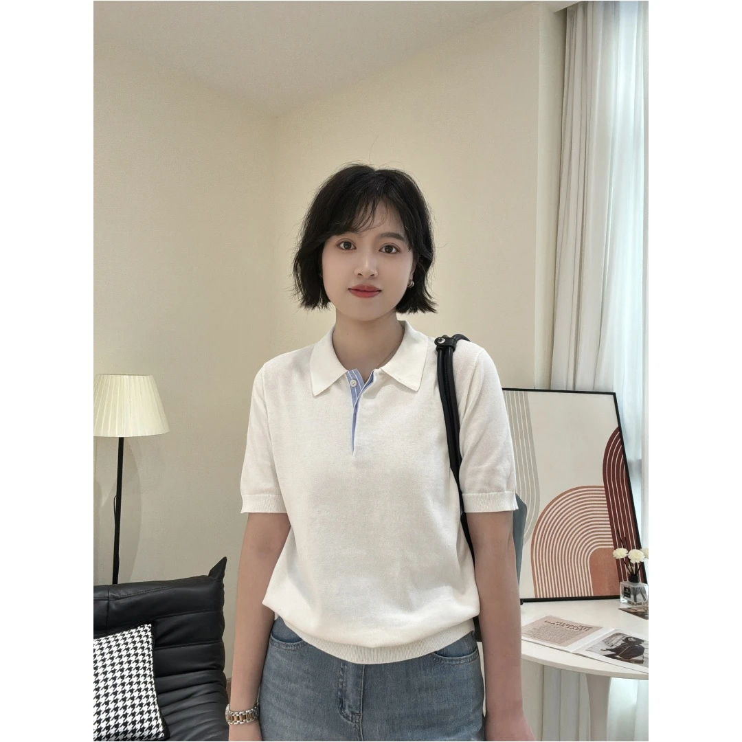 「撞色领Polo」撞色减龄经典polo翻领针织短袖T恤Q0347