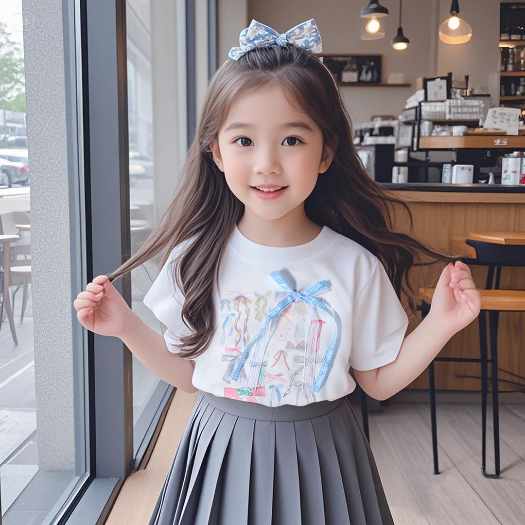 2025纯棉夏季新款女童t恤蝴蝶结印花款俏皮可爱儿童t恤蝴蝶结装饰