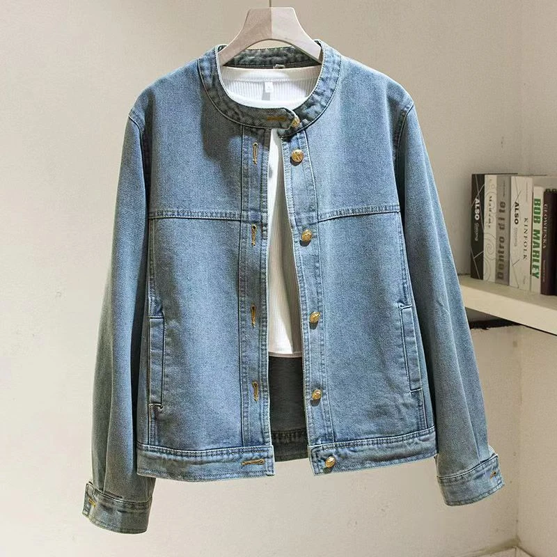立领复古牛仔外套2024秋季新款韩版宽松百搭显瘦时尚简约夹克外套