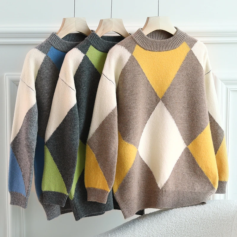 秋冬儿童加厚羊毛衫中长款菱形拼色毛衣男女童宽松外穿针织衫韩版