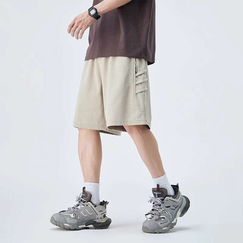 美式简约拼接休闲短裤男夏季新款宽松透气纯色直筒五分裤子男中裤