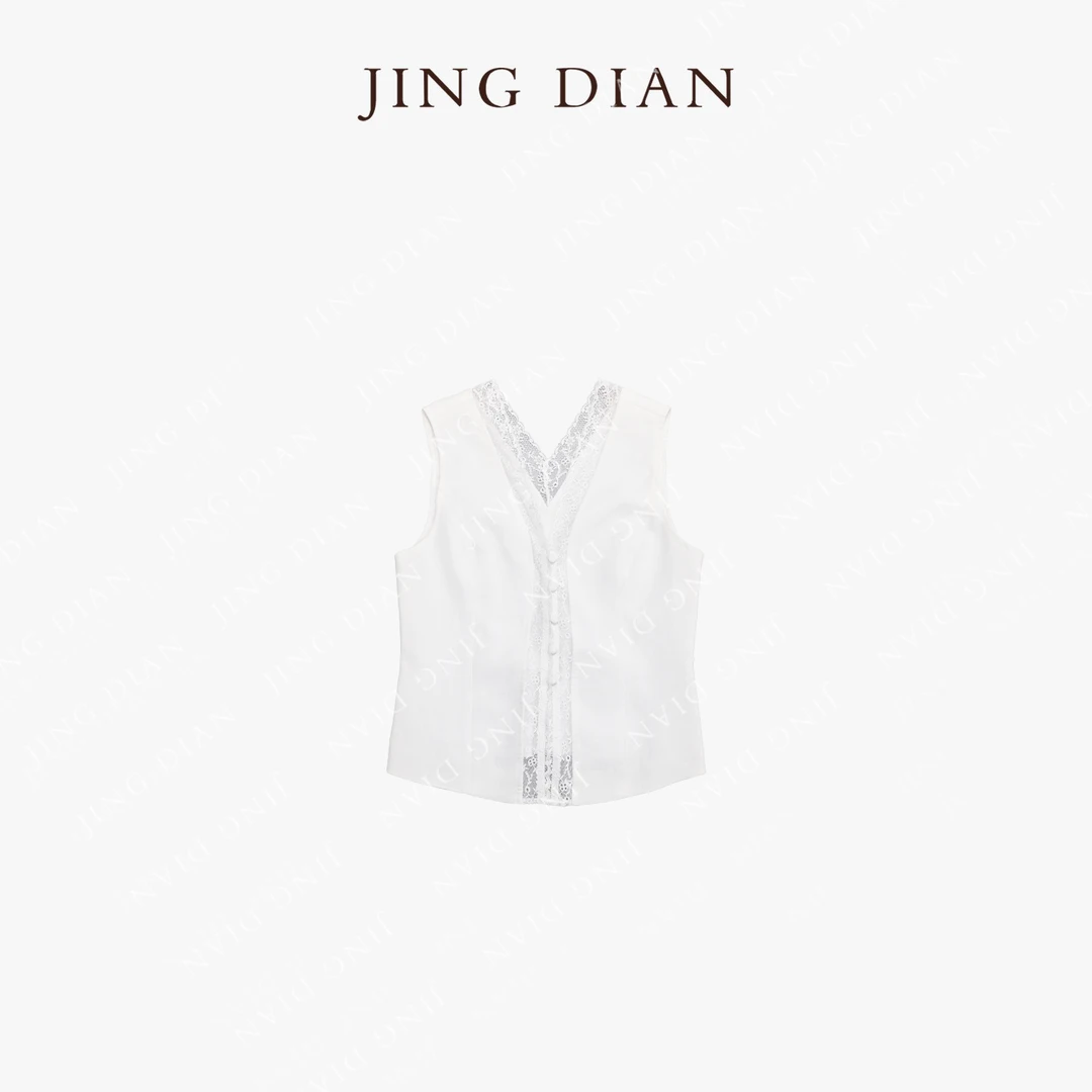 【JD】小众设计款白色V领拼蕾丝V领马甲背心