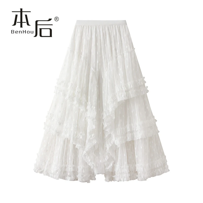 2559重工花边拼接不规则网纱半身裙秋冬女长裙蛋糕裙大摆裙蓬蓬裙