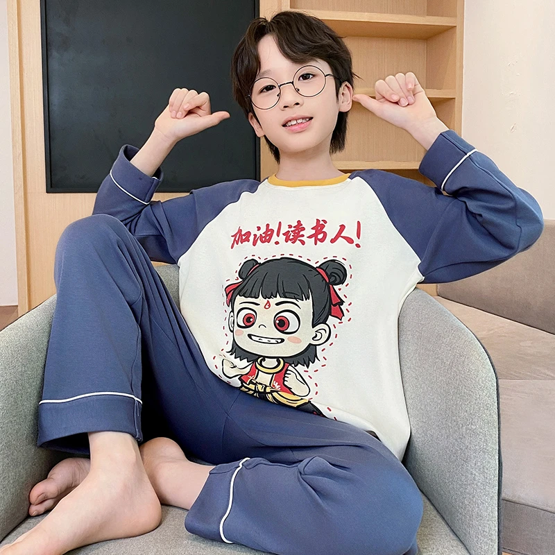 新款男童睡衣春秋季100%纯棉长袖哪吒儿童男孩青少年秋天款家居服