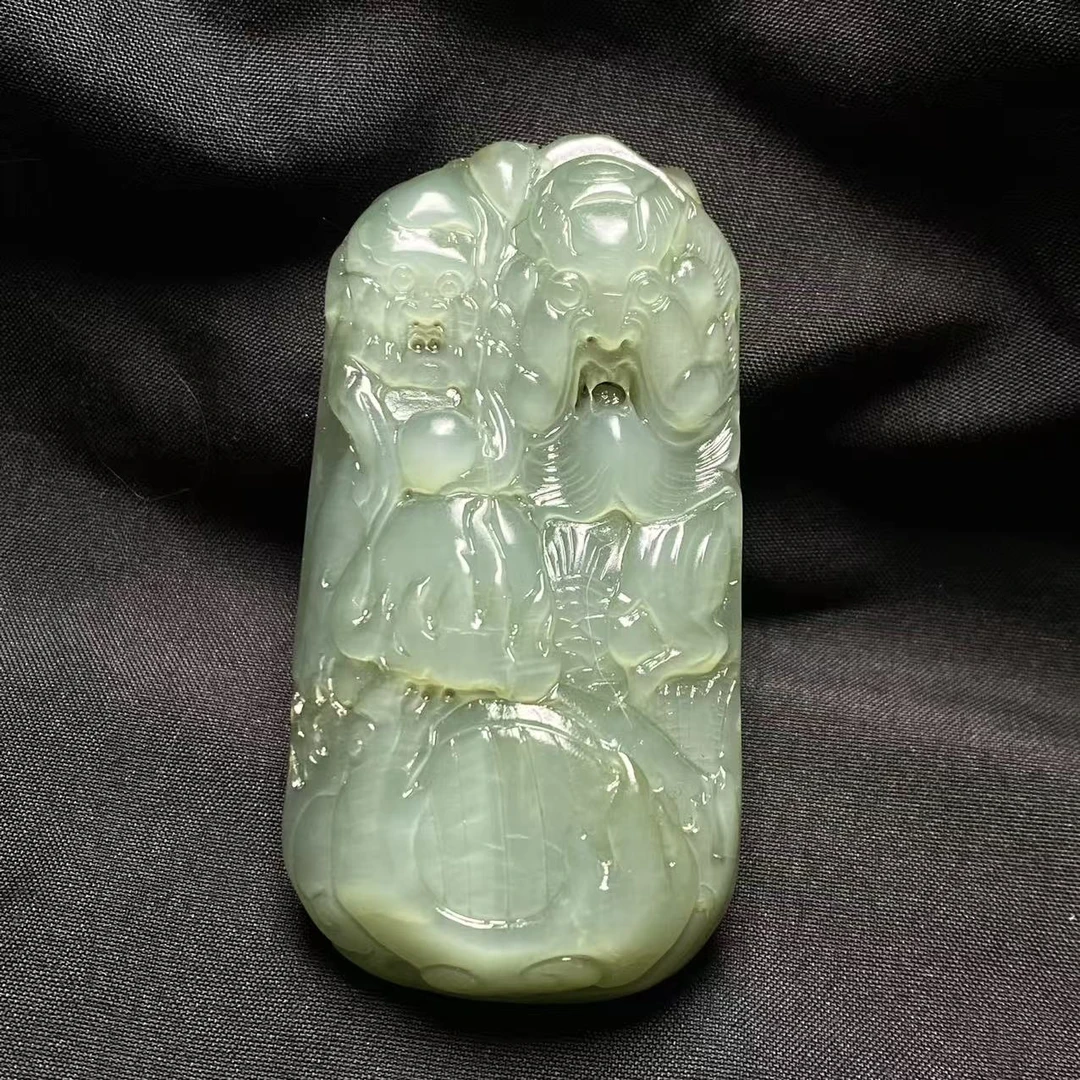 【迈越珠宝】天然和田玉碧玉粉青猫眼钟馗吊坠手把件老料精美配绳