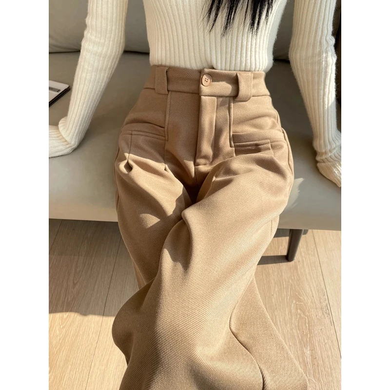 卡其色加绒毛呢阔腿裤女秋冬新款高腰直筒小个子加厚休闲西装裤子