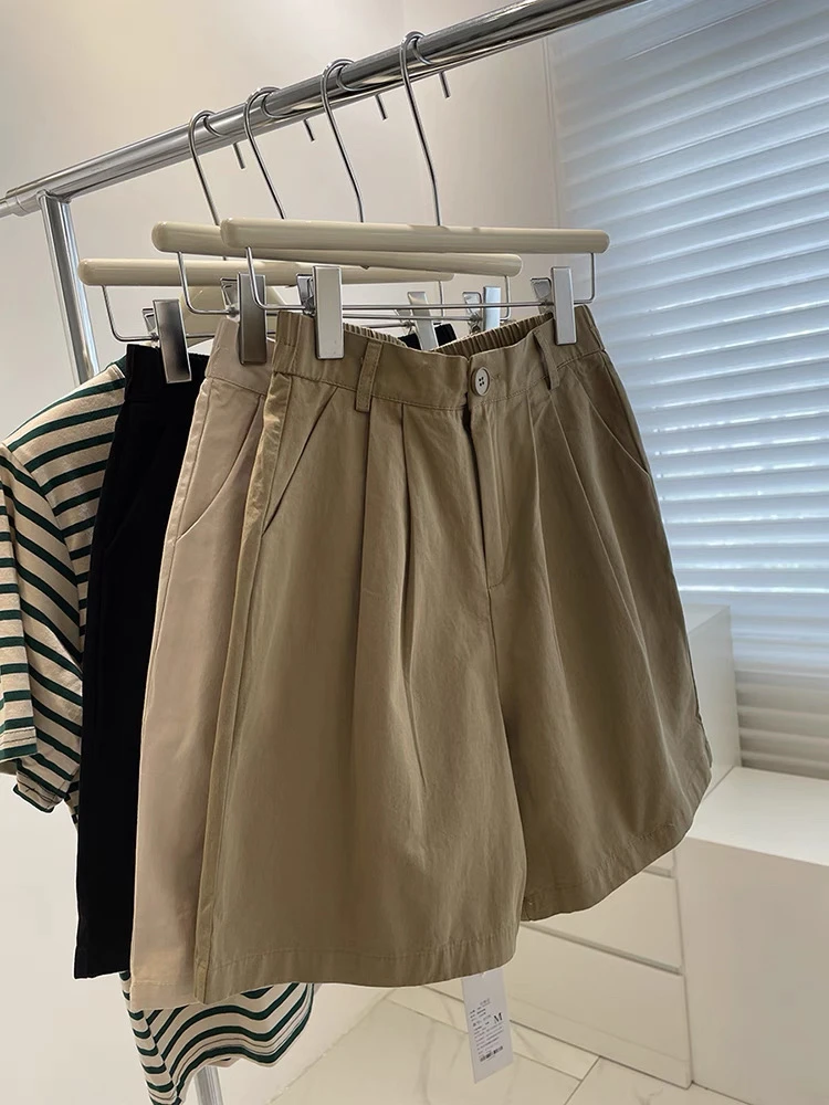 复古工装短裤～半松紧高腰显瘦A字阔腿裤中裤夏季宽松CC