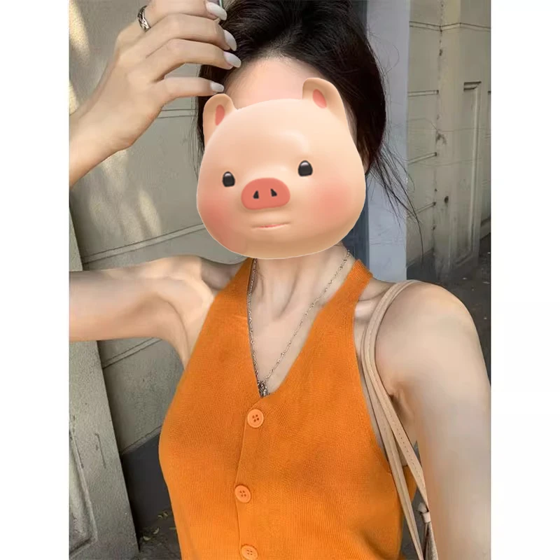 橘色V领冰丝针织吊带背心女夏季外穿多巴胺穿搭修身短款无袖上衣