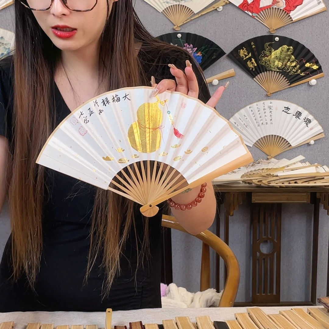 国画6寸玉竹-纯手绘-文玩扇骨（默认粘好）