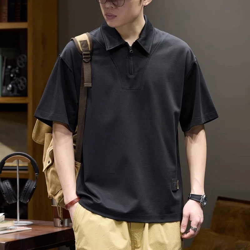 莱赛尔天丝半拉链短袖polo衫男士宽松翻领t恤夏季凉感半袖保罗衫