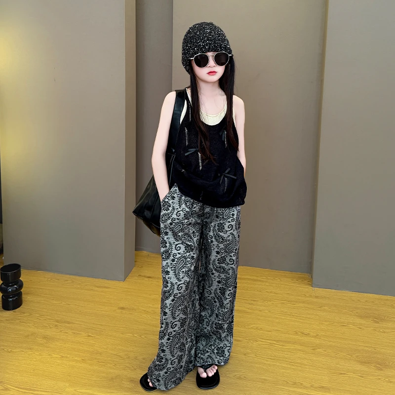 女童夏款2025新款儿童高级感韩系慵懒风毛衣背心时尚休闲裤套装潮