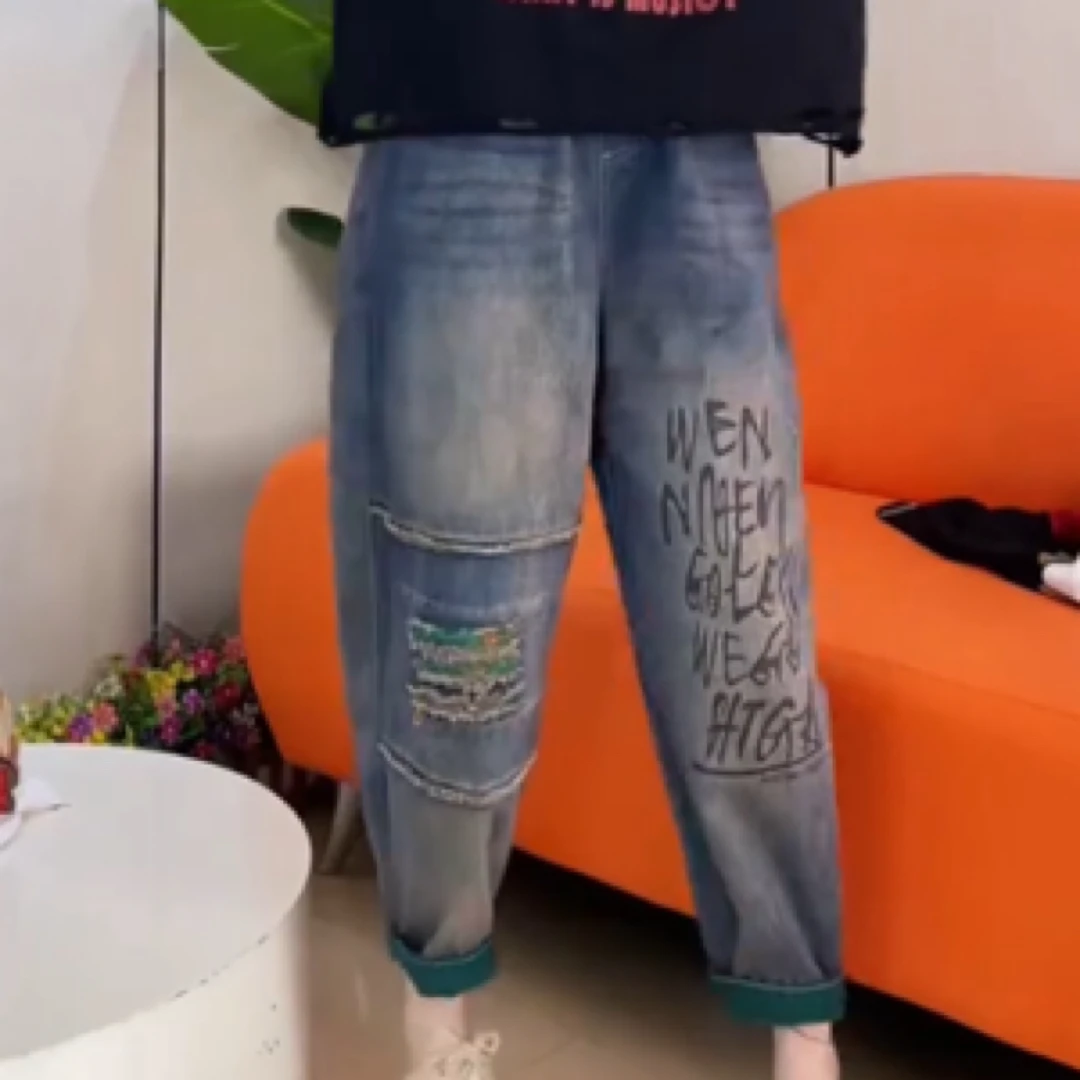 H8988 【红人新款】洋气字母重工做旧复古设计款裤牛仔裤