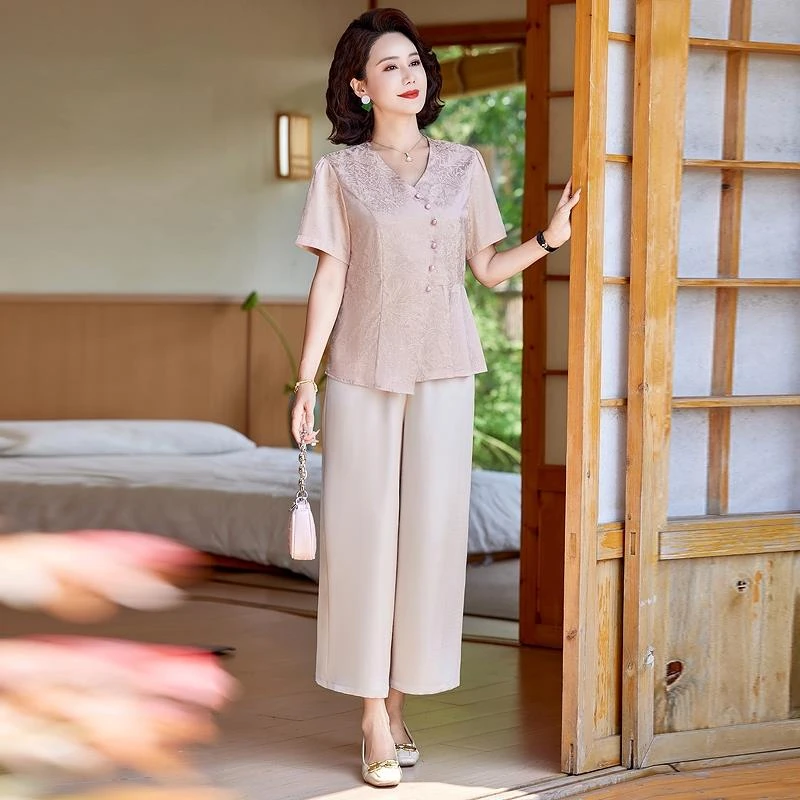 俞兆林妈妈夏装短袖小衫洋气套装2025新款中老年女装时尚t恤上衣