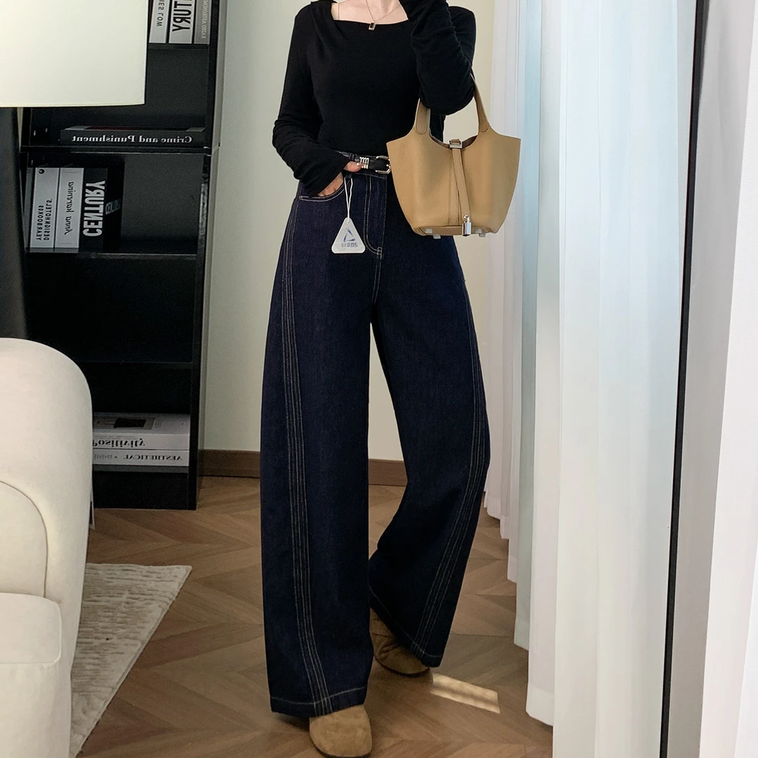 La Chapelle/拉夏贝尔2025秋新款高腰弯刀香蕉直筒阔腿裤牛仔裤